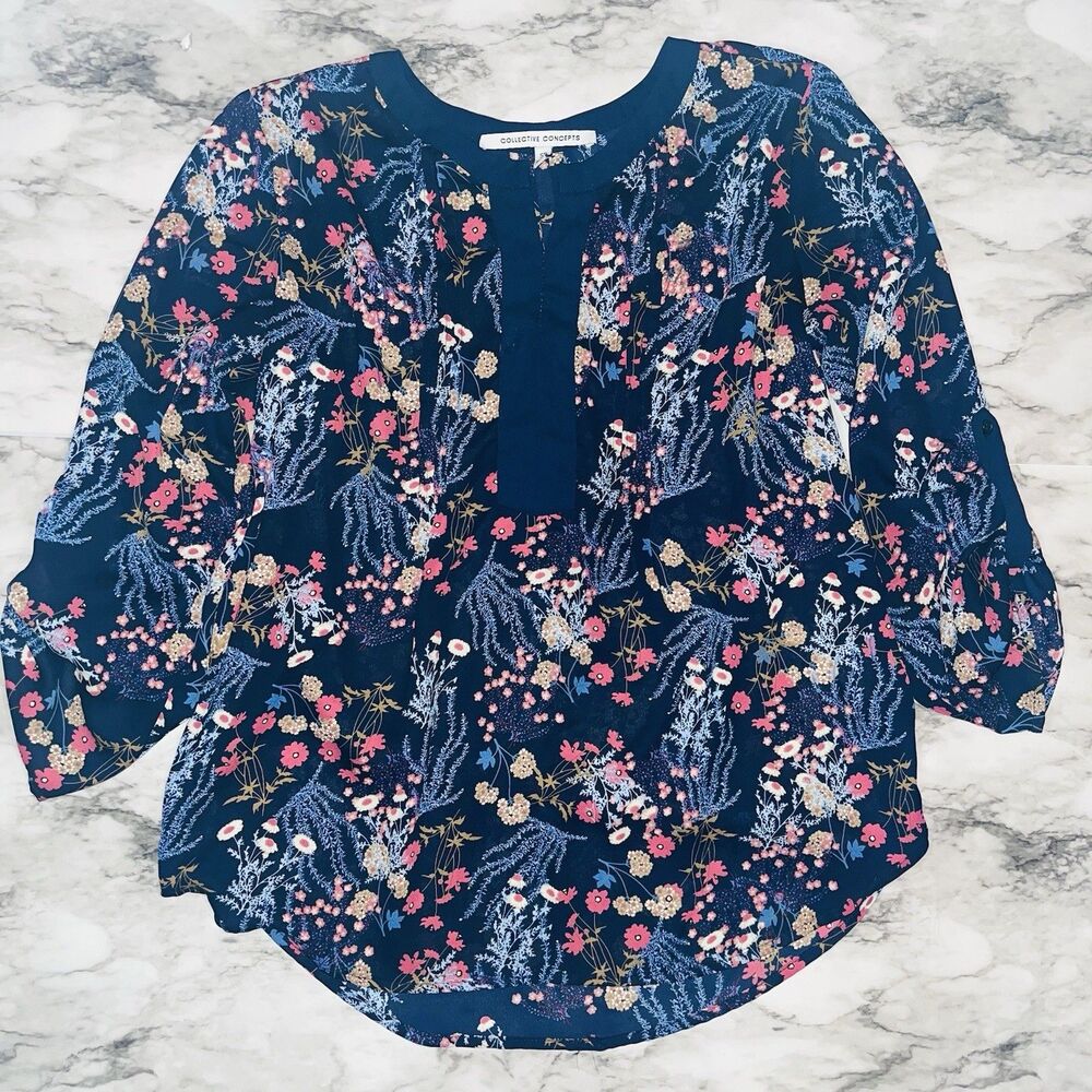 Collective Concepts Floral Blouse Women Size Sm Navy Blue 3/4 Sleeve Tunic